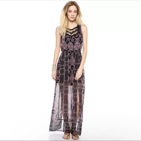 Free‎ People Bohemian Moroccan Black Printed Lace Yoke Maxi Dress Size 2 - Picture 1 of 12